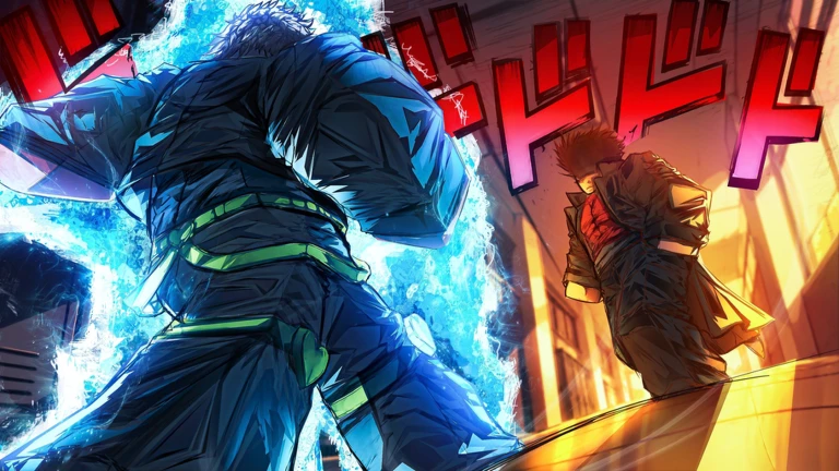Morioh High official promotional artwork with two characters surrounded by blue and orange energy
